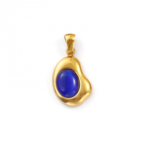 Immagine di 2 Pz Placcatura Sottovuoto PVD Ecologica 304 Acciaio Inossidabile Ciondoli Pendenti 18K Vero Oro Placcato Blu Scuro Irregolare Imitazione di occhio di gatto 28mm x 14.5mm