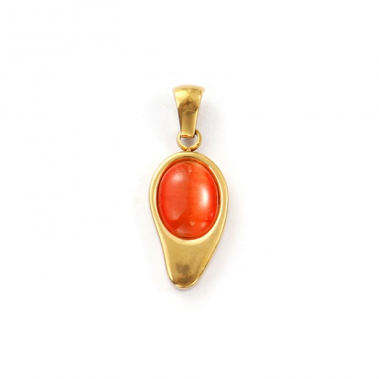 Immagine di 2 Pz Placcatura Sottovuoto PVD Ecologica 304 Acciaio Inossidabile Ciondoli Pendenti 18K Vero Oro Placcato Arancione Goccia Imitazione di occhio di gatto 28mm x 11mm