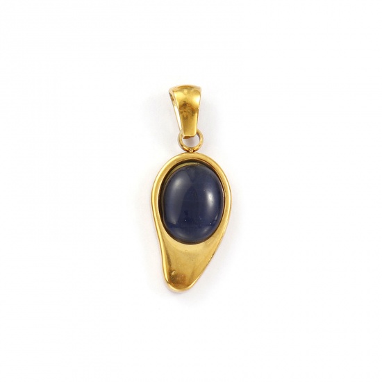 Immagine di 2 Pz Placcatura Sottovuoto PVD Ecologica 304 Acciaio Inossidabile Ciondoli Pendenti 18K Vero Oro Placcato Grigio Scuro Goccia Imitazione di occhio di gatto 28mm x 11mm