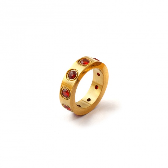 Immagine di 1 Pz Placcatura Sottovuoto PVD Ecologica 304 Acciaio Inossidabile Gennaio Pietre Nascita Ciondoli 18K Vero Oro Placcato Anello Rosso Arancione Cubic Zirconiae 14mm Dia.