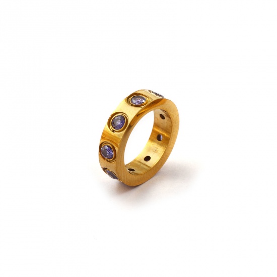 Immagine di 1 Pz Placcatura Sottovuoto PVD Ecologica 304 Acciaio Inossidabile Febbraio Pietre Nascita Ciondoli 18K Vero Oro Placcato Anello Viola Cubic Zirconiae 14mm Dia.