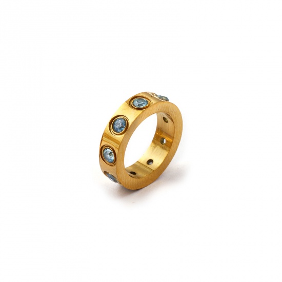 Immagine di 1 Pz Placcatura Sottovuoto PVD Ecologica 304 Acciaio Inossidabile Marzo Pietre Nascita Ciondoli 18K Vero Oro Placcato Anello Acqua Blu Cubic Zirconiae 14mm Dia.