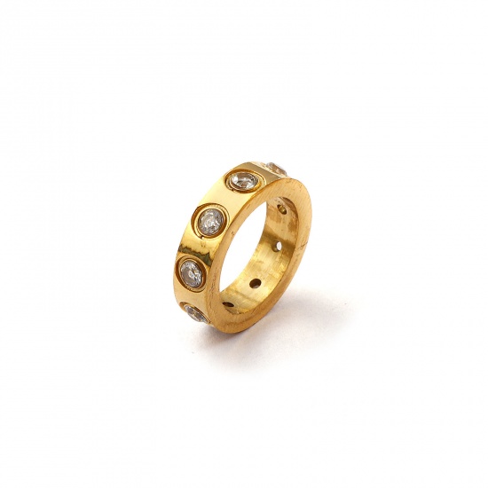 Immagine di 1 Pz Placcatura Sottovuoto PVD Ecologica 304 Acciaio Inossidabile Aprile Pietre Nascita Ciondoli 18K Vero Oro Placcato Anello Trasparente Cubic Zirconiae 14mm Dia.