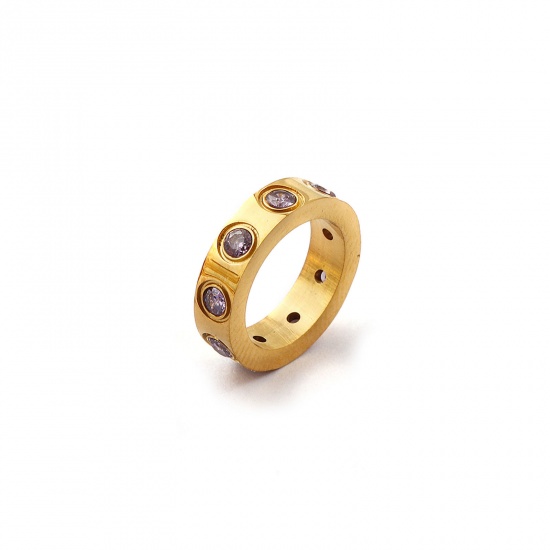 Immagine di 1 Pz Placcatura Sottovuoto PVD Ecologica 304 Acciaio Inossidabile Giugno Pietre Nascita Ciondoli 18K Vero Oro Placcato Anello Viola Pallido Cubic Zirconiae 14mm Dia.