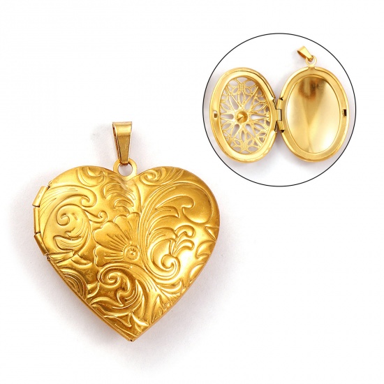 Immagine di 1 Piece Eco-friendly Vacuum Plating 304 Stainless Steel Valentine's Day Picture Photo Locket Frame Pendants 18K Gold Plated Heart Carved Pattern Can Open 3.4cm x 2.9cm