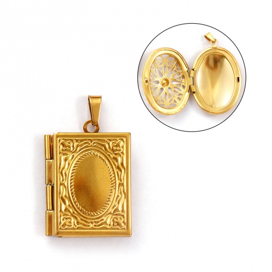 Immagine di 1 Piece Eco-friendly Vacuum Plating 304 Stainless Steel College Jewelry Picture Photo Locket Frame Pendants 18K Gold Plated Book Carved Pattern Can Open 3.2cm x 1.9cm
