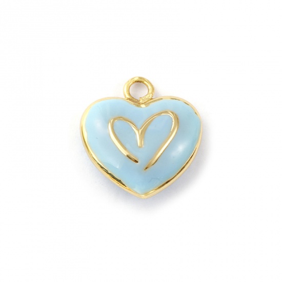 Immagine di 1 Pz Ecologico Ottone San Valentino Ciondoli 18K Vero Oro Placcato Blu Cuore Smalto a Doppia Faccia 21mm x 20mm