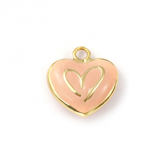Immagine di 1 Pz Ecologico Ottone San Valentino Ciondoli 18K Vero Oro Placcato Rosa Cuore Smalto a Doppia Faccia 21mm x 20mm