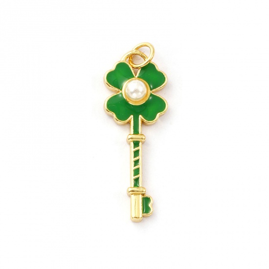 Immagine di 1 Pz Ecologico Ottone Ciondoli Pendenti 18K Vero Oro Placcato Verde Smalto Chiave Foglia di Trifoglio Perla Imitato Acrilico 3.2cm x 1.1cm