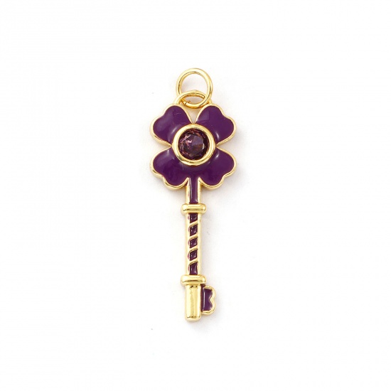 Immagine di 1 Pz Ecologico Ottone Ciondoli Pendenti 18K Vero Oro Placcato Colore Viola Smalto Chiave Foglia di Trifoglio Viola Cubic Zirconiae 3.2cm x 1.1cm