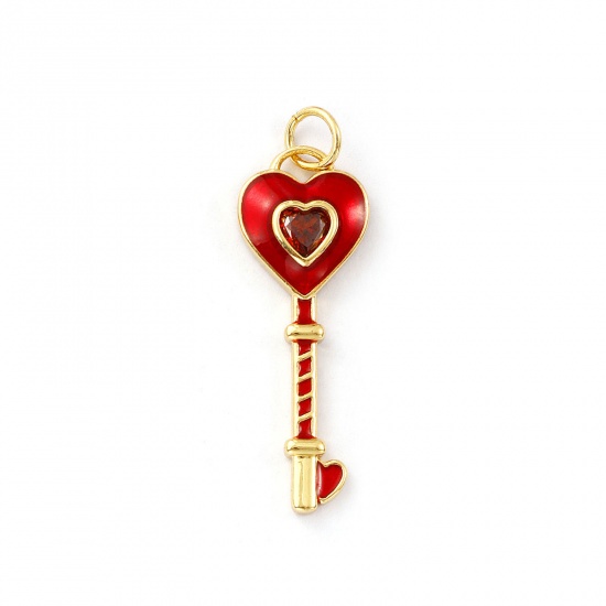Immagine di 1 Pz Ecologico Ottone San Valentino Ciondoli 18K Vero Oro Placcato Rosso Smalto Chiave Cuore Rosso Cubic Zirconiae 3.1cm x 1cm