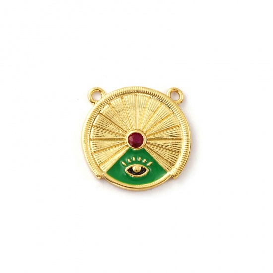 Bild von 1 Stück Umweltfreundlich Messing Steckverbinder Charms Anhänger 18K Echtgold plattiert Grün Emaille Rund Auge der Vorsehung/ Allsehendes Auge Rot Kubischer Zirkon 20mm x 19mm