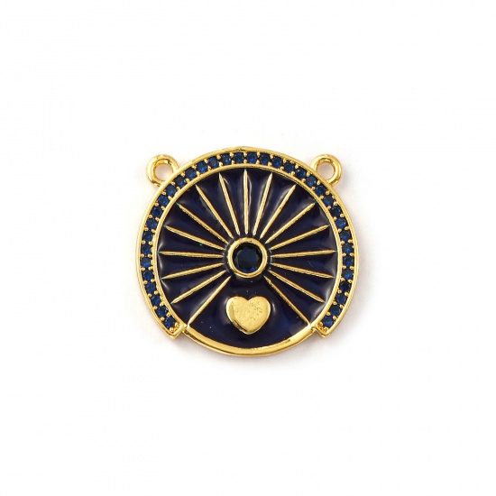 Bild von 1 Stück Umweltfreundlich Messing Steckverbinder Charms Anhänger 18K Echtgold plattiert Dunkelblau Emaille Rund Herz Micro Pave Dunkelblau Kubischer Zirkon 21mm x 20mm
