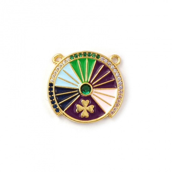 Bild von 1 Stück Umweltfreundlich Messing Steckverbinder Charms Anhänger 18K Echtgold plattiert Bunt Emaille Rund Glückliche Gras Micro Pave Bunt Kubischer Zirkon 21mm x 20mm