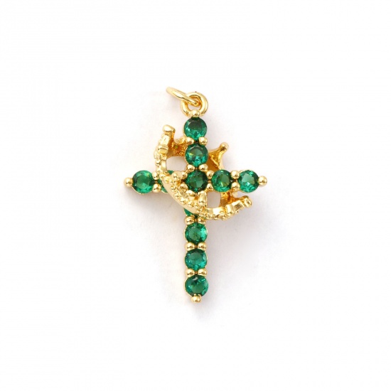 Immagine di 1 Pz Ecologico Ottone Religione Ciondoli 18K Vero Oro Placcato Croce Corona Micro Spianare Verde Cubic Zirconiae 29mm x 18mm