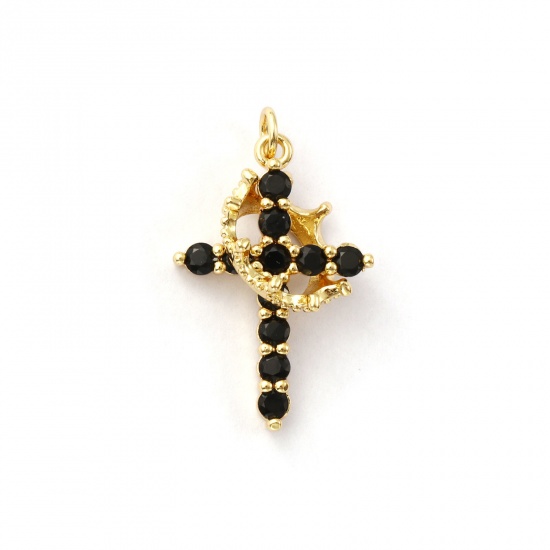 Immagine di 1 Pz Ecologico Ottone Religione Ciondoli 18K Vero Oro Placcato Croce Corona Micro Spianare Nero Cubic Zirconiae 29mm x 18mm