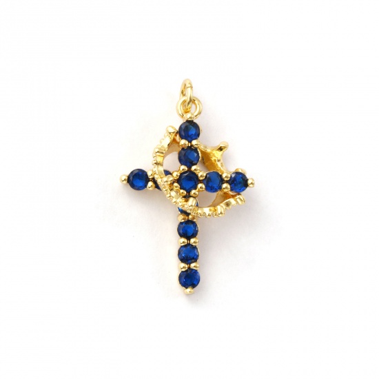 Immagine di 1 Pz Ecologico Ottone Religione Ciondoli 18K Vero Oro Placcato Croce Corona Micro Spianare Blu Scuro Cubic Zirconiae 29mm x 18mm
