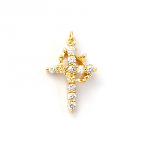 Immagine di 1 Pz Ecologico Ottone Religione Ciondoli 18K Vero Oro Placcato Croce Corona Micro Spianare Trasparente Cubic Zirconiae 29mm x 18mm
