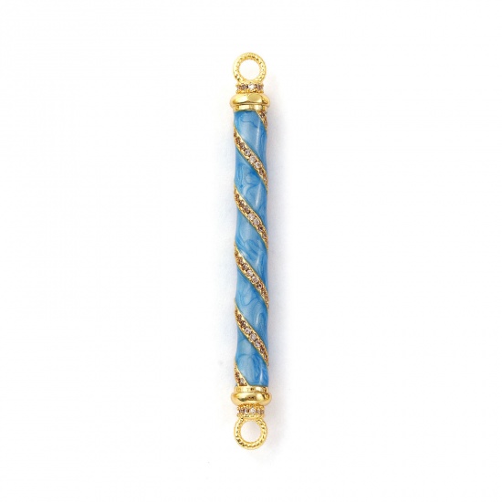 Immagine di 1 Pz Ecologico Ottone Pendenti Charms Connettori 18K Vero Oro Placcato Blu Smalto Cilindrico Spirale Micro Spianare Trasparente Cubic Zirconiae 6cm x 0.6cm