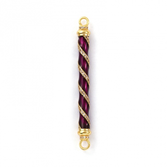 Immagine di 1 Pz Ecologico Ottone Pendenti Charms Connettori 18K Vero Oro Placcato Viola Scuro Smalto Cilindrico Spirale Micro Spianare Trasparente Cubic Zirconiae 6cm x 0.6cm