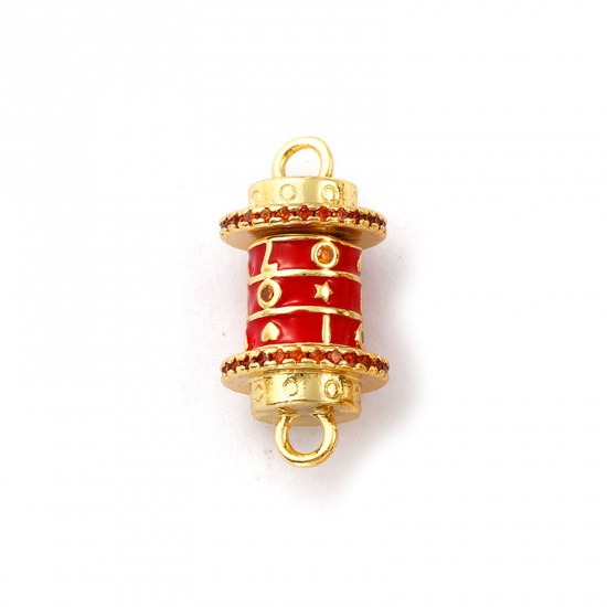 Immagine di 1 Pz Ecologico Ottone San Valentino Pendenti Charms Connettori 18K Vero Oro Placcato Rosso Smalto Cilindrico Cuore Girevole Ambra Cubic Zirconiae 24mm x 12mm