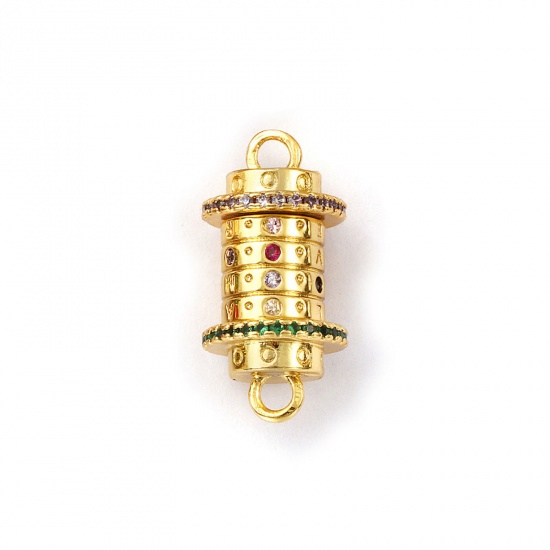 Immagine di 1 Pz Ecologico Ottone San Valentino Pendenti Charms Connettori 18K Vero Oro Placcato Multicolore Smalto Cilindrico Cuore Girevole Multicolore Cubic Zirconiae 24mm x 12mm