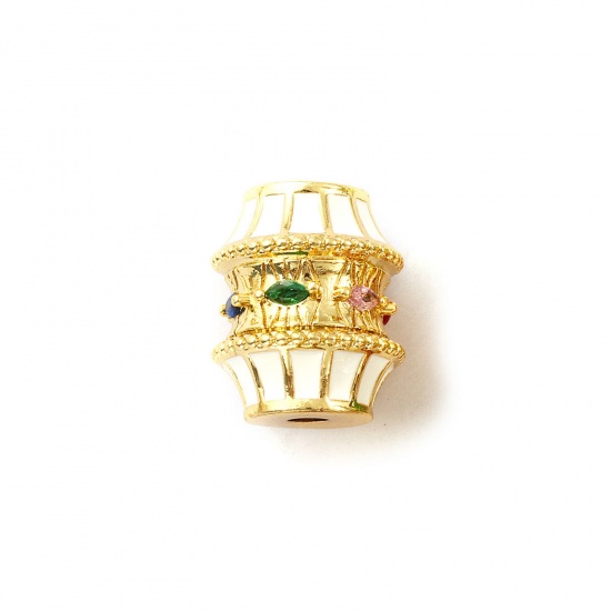 Immagine di 1 Pz Ecologico Ottone Perline per la Creazione di Gioielli con Fai-da-te 18K Vero Oro Placcato Bianco Tamburo Smalto Multicolore Cubic Zirconiae 19mm x 16mm, Buco: Circa 3mm