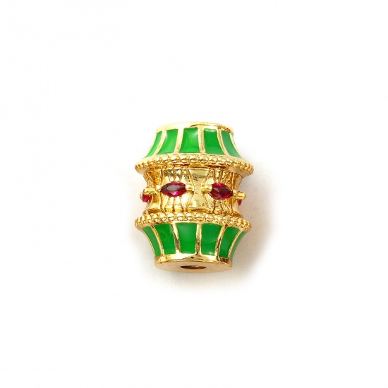 Immagine di 1 Pz Ecologico Ottone Perline per la Creazione di Gioielli con Fai-da-te 18K Vero Oro Placcato Verde Tamburo Smalto Fuscia Cubic Zirconiae 19mm x 16mm, Buco: Circa 3mm