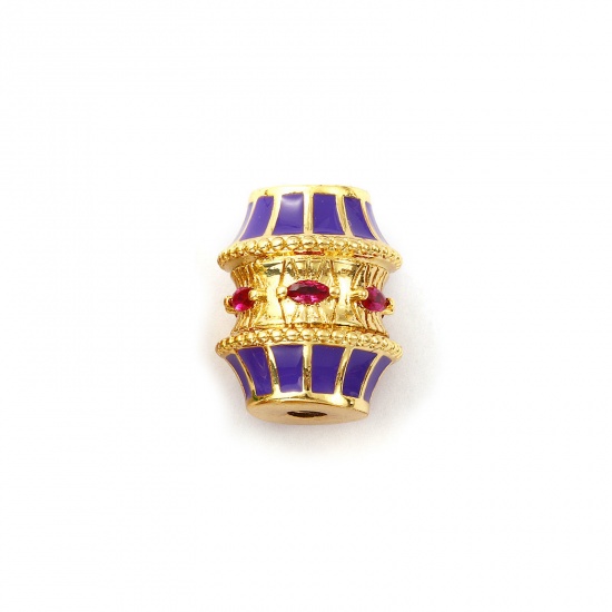 Immagine di 1 Pz Ecologico Ottone Perline per la Creazione di Gioielli con Fai-da-te 18K Vero Oro Placcato Colore Viola Tamburo Smalto Fuscia Cubic Zirconiae 19mm x 16mm, Buco: Circa 3mm