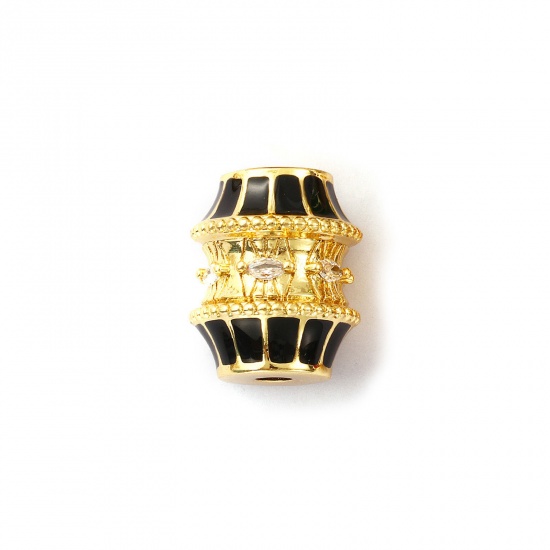 Immagine di 1 Pz Ecologico Ottone Perline per la Creazione di Gioielli con Fai-da-te 18K Vero Oro Placcato Nero Tamburo Smalto Trasparente Cubic Zirconiae 19mm x 16mm, Buco: Circa 3mm
