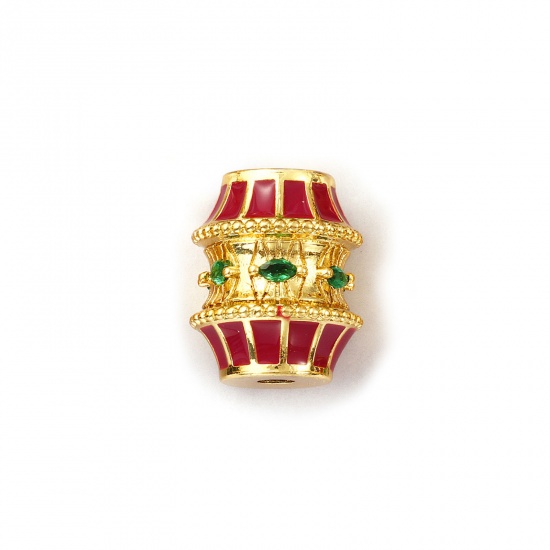Immagine di 1 Pz Ecologico Ottone Perline per la Creazione di Gioielli con Fai-da-te 18K Vero Oro Placcato Colore Fuscia Tamburo Smalto Verde Cubic Zirconiae 19mm x 16mm, Buco: Circa 3mm