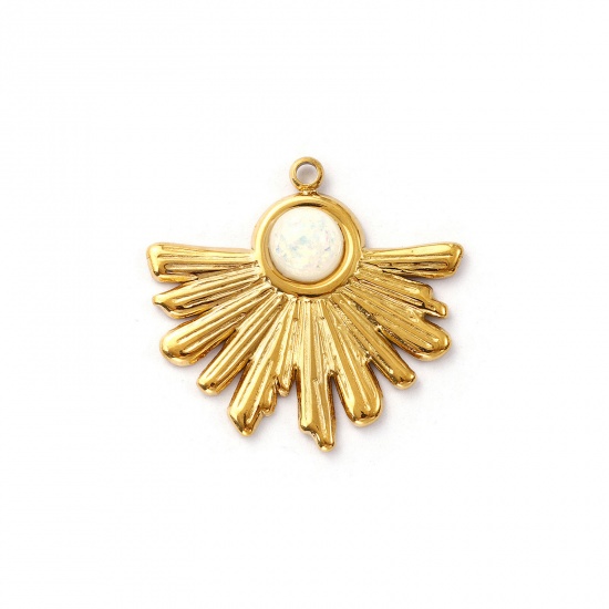 Imagen de 2 Unidades Recubrimiento al Vacío PVD Ecológico 304 Acero Inoxidable Colgantes Chapado en Oro de 18K Blanco En forma de abanico Opal Imitación 26mm x 25mm