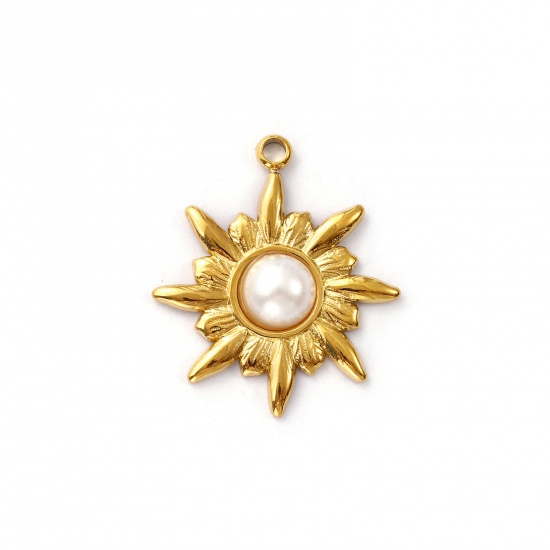 Imagen de 2 Unidades Recubrimiento al Vacío PVD Ecológico 304 Acero Inoxidable Galaxia Colgantes Chapado en Oro de 18K Blanco Sol Acrílico Imitación de Perla 22.5mm x 19.5mm
