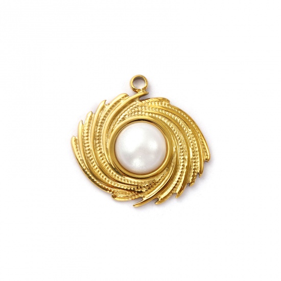 Imagen de 2 Unidades Recubrimiento al Vacío PVD Ecológico 304 Acero Inoxidable Colgantes Chapado en Oro de 18K Blanco Hélice Acrílico Imitación de Perla 21mm x 20.5mm
