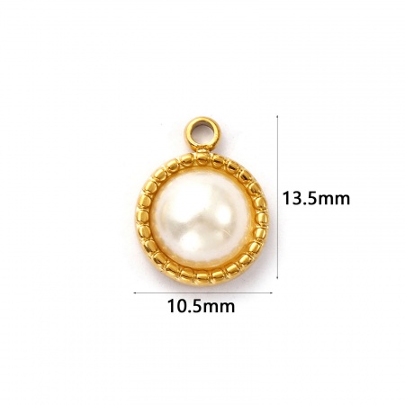 Immagine di 2 Pz Placcatura Sottovuoto PVD Ecologica 304 Acciaio Inossidabile Geometrico Ciondoli Placcato Oro 18K Bianco Tondo Perla Imitato Acrilico 13.5mm x 10.5mm