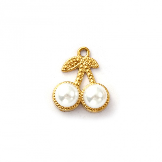 Imagen de 2 Unidades Recubrimiento al Vacío PVD Ecológico 304 Acero Inoxidable Colgantes Chapado en Oro de 18K Blanco Cereza Acrílico Imitación de Perla 13.5mm x 12mm