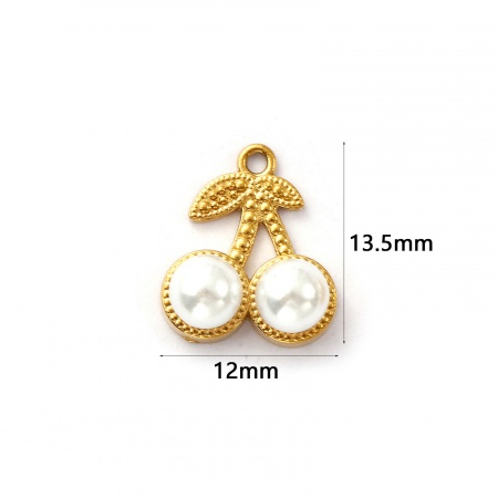 Immagine di 2 Pz Placcatura Sottovuoto PVD Ecologica 304 Acciaio Inossidabile Ciondoli Placcato Oro 18K Bianco Ciliegia Perla Imitato Acrilico 13.5mm x 12mm