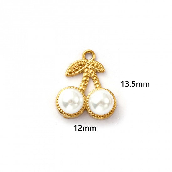 Imagen de 2 Unidades Recubrimiento al Vacío PVD Ecológico 304 Acero Inoxidable Colgantes Chapado en Oro de 18K Blanco Cereza Acrílico Imitación de Perla 13.5mm x 12mm