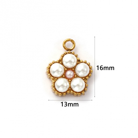 Imagen de 2 Unidades Recubrimiento al Vacío PVD Ecológico 304 Acero Inoxidable Colgantes Chapado en Oro de 18K Blanco Flor Acrílico Imitación de Perla 16mm x 13mm