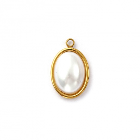 Imagen de 2 Unidades Recubrimiento al Vacío PVD Ecológico 304 Acero Inoxidable Geométrico Colgantes Chapado en Oro de 18K Blanco Óvalo Acrílico Imitación de Perla 19mm x 12.5mm