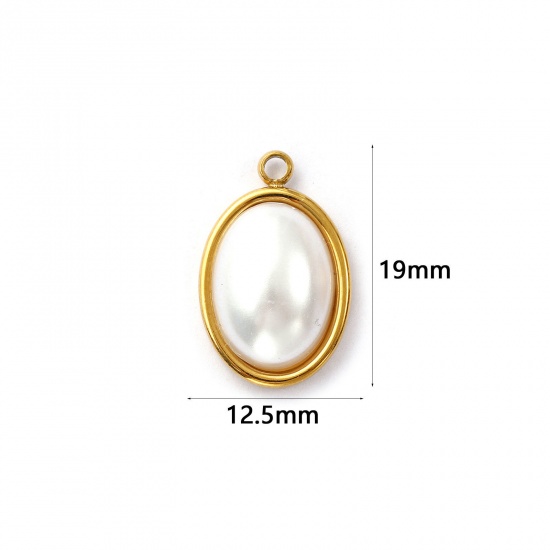 Imagen de 2 Unidades Recubrimiento al Vacío PVD Ecológico 304 Acero Inoxidable Geométrico Colgantes Chapado en Oro de 18K Blanco Óvalo Acrílico Imitación de Perla 19mm x 12.5mm