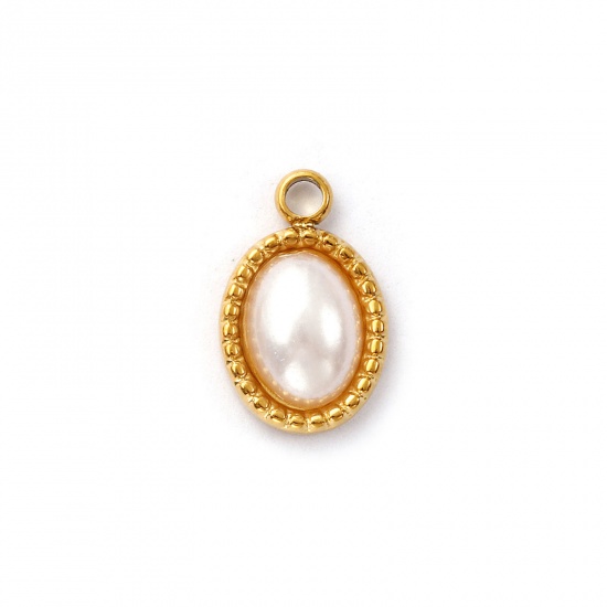Imagen de 2 Unidades Recubrimiento al Vacío PVD Ecológico 304 Acero Inoxidable Geométrico Colgantes Chapado en Oro de 18K Blanco Óvalo Acrílico Imitación de Perla 13mm x 8.5mm