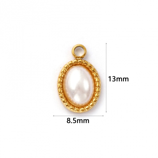 Imagen de 2 Unidades Recubrimiento al Vacío PVD Ecológico 304 Acero Inoxidable Geométrico Colgantes Chapado en Oro de 18K Blanco Óvalo Acrílico Imitación de Perla 13mm x 8.5mm
