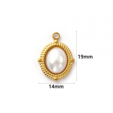 Picture of 2 PCs Eco-friendly PVD Vacuum Plating 304 Stainless Steel Geometric Charms 18K Gold Plated White Oval Acrylic Imitation Pearl 19mm x 14mm