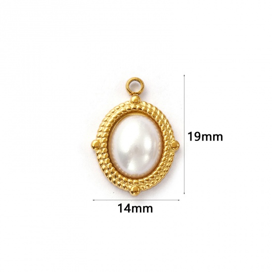 Imagen de 2 Unidades Recubrimiento al Vacío PVD Ecológico 304 Acero Inoxidable Geométrico Colgantes Chapado en Oro de 18K Blanco Óvalo Acrílico Imitación de Perla 19mm x 14mm
