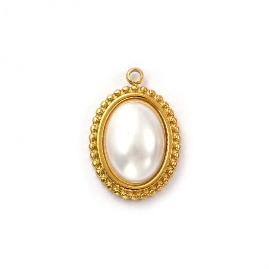 Imagen de 2 Unidades Recubrimiento al Vacío PVD Ecológico 304 Acero Inoxidable Geométrico Colgantes Chapado en Oro de 18K Blanco Óvalo Acrílico Imitación de Perla 22mm x 15mm