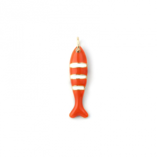 Immagine di 1 Pz Ecologico Ottone Ciondoli 18K Vero Oro Placcato Arancione Smalto Pesce Striscia 27mm x 6.5mm