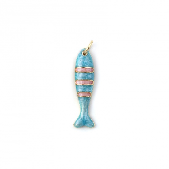 Immagine di 1 Pz Ecologico Ottone Ciondoli 18K Vero Oro Placcato Blu Smalto Pesce Striscia Madreperla 27mm x 6.5mm