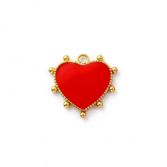 Picture of 2 PCs Eco-friendly PVD Vacuum Plating 304 Stainless Steel Valentine's Day Charms 18K Real Gold Plated Red Enamel Heart 18mm x 16mm
