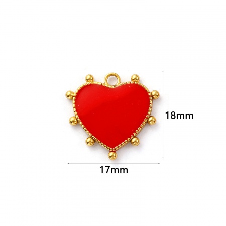 Picture of 2 PCs Eco-friendly PVD Vacuum Plating Waterproof Anti-Tarnish Hypoallergenic 304 Stainless Steel Valentine's Day Charms 18K Real Gold Plated Red Enamel Heart 18mm x 16mm